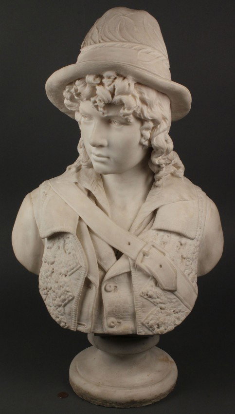 Giuseppe Carnevale marble sculpture: Giuseppe Carnevale (Italian, 19th century) white marble bust of boy in Rococo style clothing and feather plumed hat. Signed "G. Carnevale" on lower back. 26 3/4" H x 15 1/2" W. 3rd quarter of the 19th
