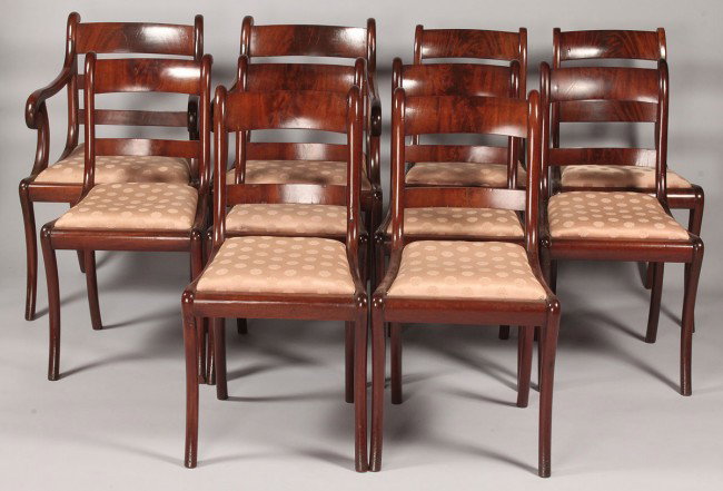 Lot of 10 English Sheraton Dining Chairs: Lot of ten chairs, eight English mahogany Sheraton dining side chairs with slip seats and two contemporary open arm mahogany Sheraton style dining chairs. Eight side chairs overall good condition, two