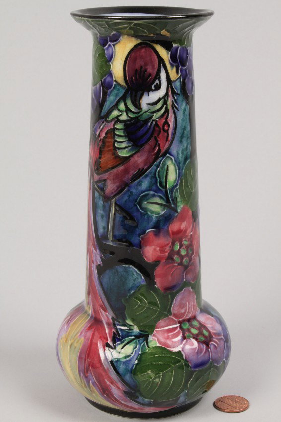 English Art Nouveau Trogon Ware Vase: Art Nouveau Trogon Ware vase designed by Roger Dean for Thomas Forester and Sons. Excellent condition with cracklure visible to inner vase glaze. 8 1/4" H. England, circa Early 1900s.