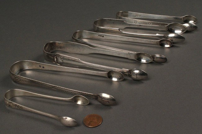 6 English Sterling sugar tongs: Six English sterling silver sugar tongs. Two by William Eley & William Fearn, London, 1797 & 1814. One by Joseph Rodgers, Sheffield, 1852, One by William Shaw, London, c. 1800, One by Thomas Harper I,