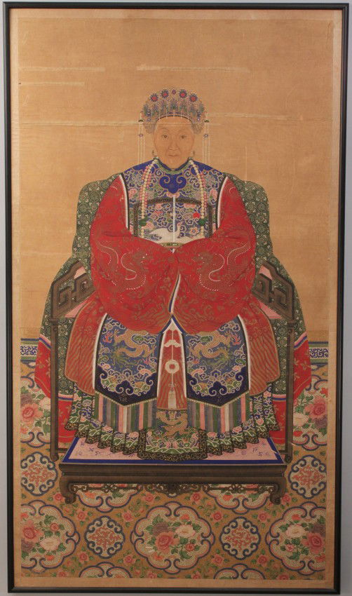 Chinese Ancestor Portrait: Chinese Ancestral portrait depicting a seated older woman in brightly colored dragon decorated robe. Edged with silk. Overall very good condition with discoloration to background and creases/cracks to
