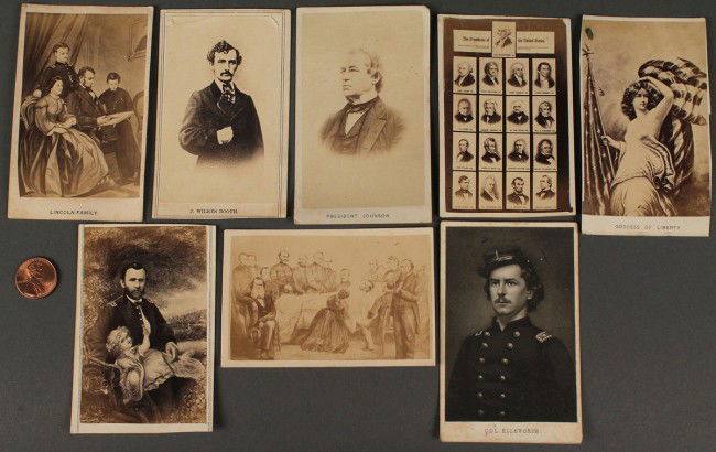 Lot of 8 CDVs - Civil War Era: Lot of 8 Civil War era carte-de-visite (CDV) cards. 1ST ITEM: "Goddess of Liberty" crowned woman holding flag on pole. 2ND ITEM: "President Johnson" en verso "Ward & Son, Looking Glasses, Picture Fram