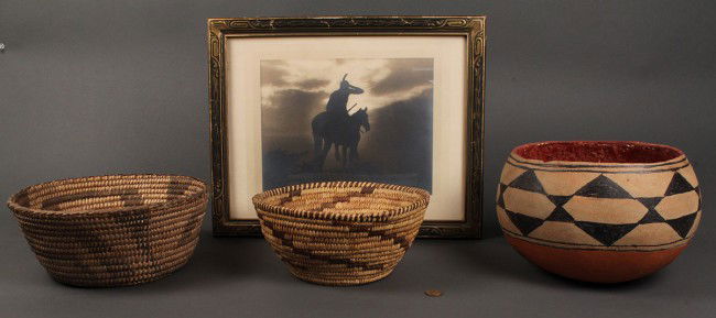 Lot of 4 Native American items: Lot of 4 Native American related items: 1ST ITEM - Southwestern Native American coiled basket with geometric designs. Overall very good condition with wear/slight losses to base. 8-1/4" diameter. 2ND
