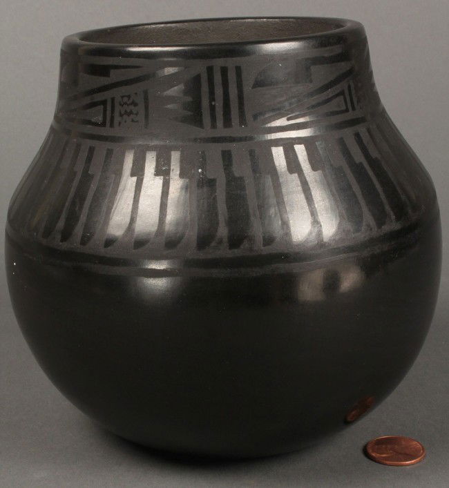 San Ildefonso Pueblo Pottery, Florence Naranjo: San Ildefonso Pueblo pottery jar, black on black with burnished geometric and feather design. Signed and dated "Florence Naranjo, 1988". Excellent condition. 5-1/2" H x 5-1/8" W, 3-3/8" dia. opening.