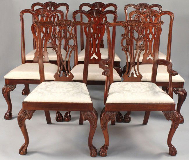 Assembled set 8 Dining Chairs, Hickory & Maitland: Assembled lot of 8 dining chairs including one Hickory Chair Company Chippendale style arm chair (41" H x 25 1/4" W), one Hickory Chair Company Chippendale style side chair (41" H x 21" D x 24 1/4" W)