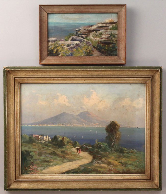 Lot of 2 oil paintings, ocean and mountain landsca: Lot of 2 oil paintings. 1ST ITEM: Oil on canvas ocean scene with mountains in background, illegibly signed lower left, good condition with surface grime. Sight - 11-1/4" H x 15-1/8" W. Framed - 19-1/4