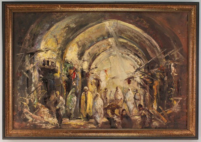 Oil on Canvas, Middle Eastern Bazaar Scene: Oil on canvas Orientalist painting depicting an Arabian street bazaar, signed lower right, signature illegible. Excellent condition. Sight - 23 1/4" H x 34 3/4" W. Framed - 27 1/2" H x 39" W. Early 20