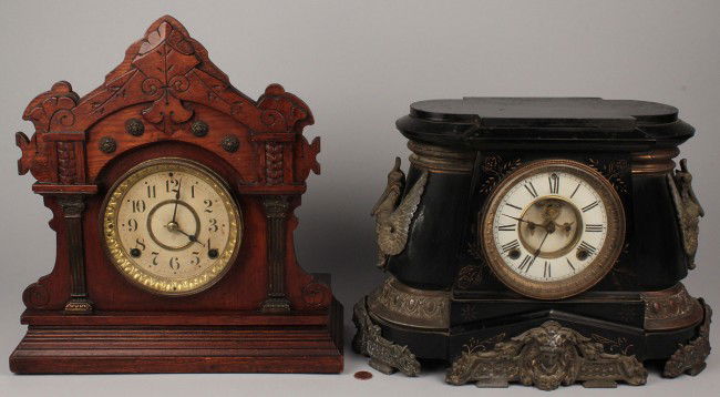 Lot of 2 Mantel Clocks, Ansonia & Seth Thomas: Lot of 2 Mantel Clocks: 1ST ITEM: Ansonia Clock Company ebonized mantel clock. Inside mark on works reads "Ansonia Clock Co New York USA". Metal figural cranes on sides with central mask and other dec