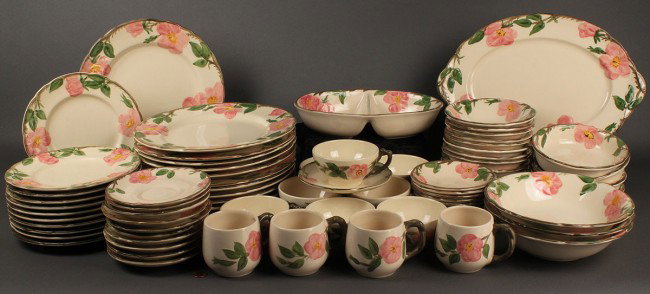 Franciscan "Dessert Rose" Dinnerware, 75 pieces: Franciscan Dinnerware, "Desert Rose" pattern, 75 pieces. Includes: 12 dinner plates (10-1/2" dia.), 1 platter (14" long), 1 divided serving bowl, 3 round serving bowls, 11 salad plates, 11 cereal/soup