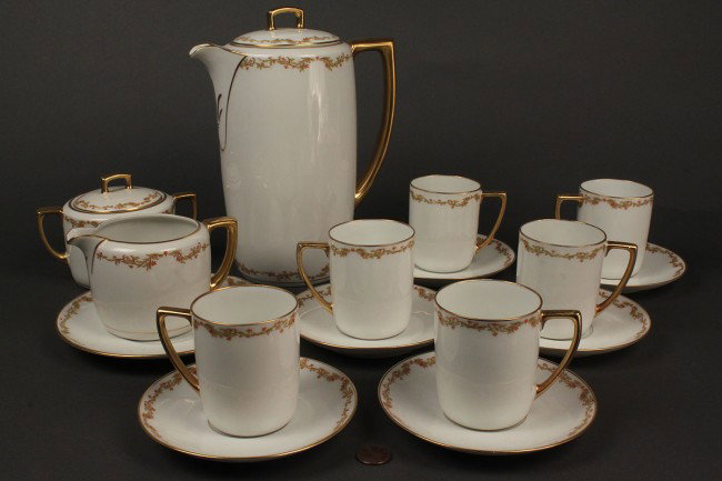 Royal Innsbruck 18K Gilt Coffee Service, 16 pcs: Royal Innsbruck, Vienna, Austria 18 K parcel gilt porcelain coffee service, 16 pieces, including coffee pot, sugar, creamer with underplate, 6 cups and 6 saucers. Range 2-1/2" H to 9-1/2" H. Excellent