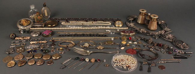 Miscellaneous Assortment from Jeweler's Inventory: Miscellaneous Assortment from Jeweler's Inventory including mother-of-pearl opera glasses, garnet set, gold-filled lockets, collar pins, ring findings, seed pearls, crystal necklace, pearl necklace, s