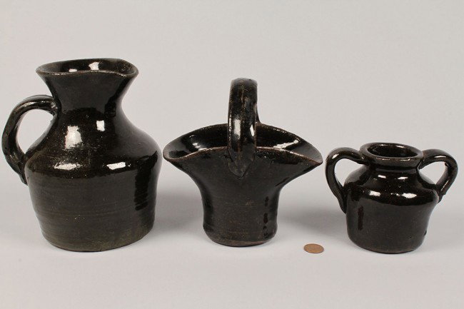 Lot of 3 Georgia Folk Pottery Items, Meaders famil: Lot of three Georgia folk pottery items. 1ST ITEM - Early Meaders pottery pitcher marked on base " FBANK Meaders", possibly for Frank Meaders. Dark brown glaze transitioning to dark green glaze. Condi
