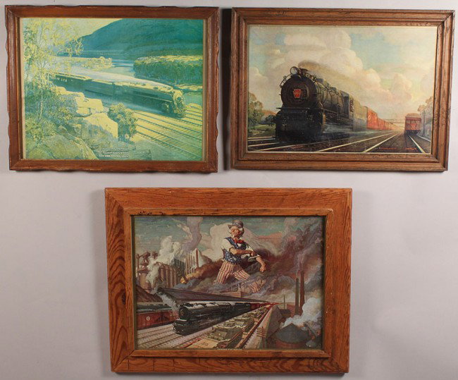 Lot of 3 Train Advertising Posters: Lot of three train advertising posters. 1st item - Train advertising poster by Griff Teller,depicting a Pennsylvania Railroad freight train, dated1937 and titled "Westward Bound, in the Mohawk Valley"