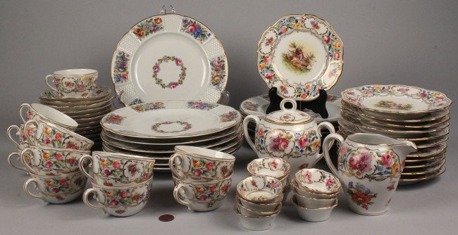 Assembled Lot of Bavarian dinnerware, 2 patterns: Assembled lot of porcelain dinnerware, 2 patterns. First pattern includes: 12 dinner plates (9" dia.) with scalloped floral, basketweave and gilt border, marked "Rosenthal, Bavaria". Excellent conditi