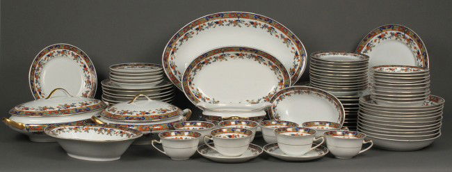 Royal Schwarzberg Porcelain "Cobwebs" dinnerware: Large lot of Royal Schwarzberg Porcelain Dinnerware, "Cobwebs" pattern, including 2 covered serving dishes, 1 large platter, 1 medium platter, 1 small platter, 1 vegetable dish, 1 gravy boat, 11 dinne