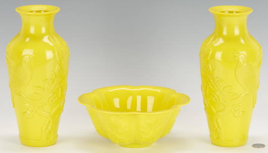 3 Peking Imperial Yellow Glass Items, incl. Bowl, Pr. Vases: Three (3) Chinese Peking "Imperial Yellow" glass decorative items. 1st item: Melon form bowl having a scalloped rim and carved foliate decorations to body, with a round, footed hardwood base. 3 1/4" H