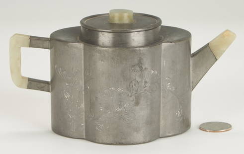 Attr. Yang Pengnian, Pewter Encased Yixing Teapot, Jade Mounted: Chinese pewter-encased Yixing teapot with jade mounts, attributed to Yang Peng Nian. Quatrefoil form having incised flowering branch decoration to one side and running calligraphy script to the