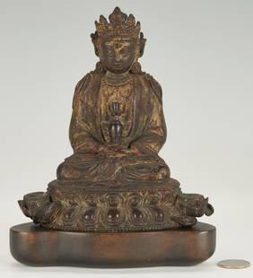 Early Chinese Gilt Bronze Buddha: Early Chinese, possibly Ming Dynasty, polychrome and gilt bronze Meditation Buddha, seated in a double lotus position wearing a crown with both hands in his lap holding a vessel, elongated earlobes, a