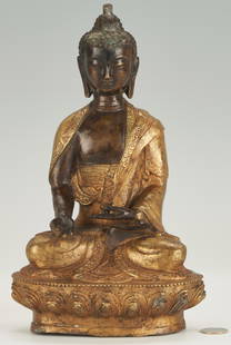 Chinese Gilt Bronze Buddha Figure: Chinese gilt bronze Healing or Medicine Buddha sculpture, depicted seated in a double lotus position. Raised four-letter gilt mark on the lower back edge of robe. 11 1/8" H x 7" W. Late 19th/early