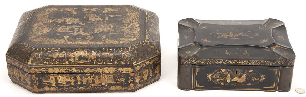 Two (2) Chinese Export Lacquer Boxes: 1st item: Chinese Export lacquer games box, octagonal form with gilded vignettes of figures engaged in various activities to the top and elaborate court scenes on top edge and box sides. The