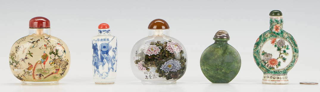 5 Chinese Snuff Bottles, incl. Jade, Famille Verte, Reverse Painted: Five (5) Chinese snuff bottles, including one (1) jade round form with a silver stopper fitted with semi-translucent stone, stamped with character mark to stopper; one (1) Chinese Famille Verte