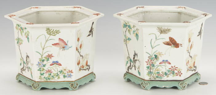 Pair Famille Rose Porcelain Hexagonal Jardinieres: Pair of Chinese Famille Rose porcelain hexagonal jardinieres, each having hand-painted images of birds, crickets, praying mantis, and other insects perched on flowering branches, all on white ground,