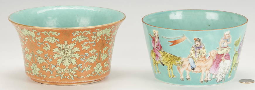 Two (2) Chinese Turquoise Glazed Bowls, incl. Immortals: Two (2) Chinese turquoise glazed porcelain bowls. 1st item: Bowl with polychrome enamel decoration depicting the Immortals astride numerous natural and mythological animals. Stamped with seal form to