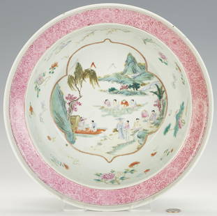 Chinese Famille Rose Porcelain Basin with Stand: Chinese Famille Rose porcelain wash basin, polychrome paint decoration on a light celadon ground including a central landscape with various figures, bordered by flowering branches and floral sprays