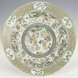 Chinese Export Famille Verte Basin Bowl: Large Chinese Export Famille Verte Porcelain Basin Bowl, 18 1/2" diameter. Circular form, the center and interior sides decorated with scenes of figures engaged in various court activities; the sides