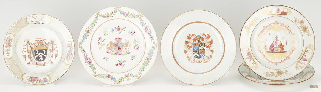 4 Chinese Export Porcelain Armorial Plates & 1 Shallow Bowl, Total 5: 1st-2nd items: Pair of Chinese Famille Rose porcelain export saucers, painted in the manner of Johann Gregor Horoldt, the central reserves depicting figures seated at a table drinking tea and the