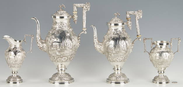 Louisiana Themed Jackson Square and Pelicans Coin Silver Tea Set, New Orleans