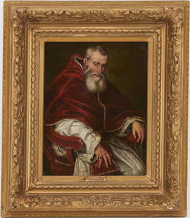 Italian School Oil on Canvas Portrait of Pope Paul III, after Paris Bordone: 18th century oil on canvas portrait of Pope Paul III (Alessandro Farnese), after the original by Titian, follower of Paris Bordone (Italian,1500-1571). The 3/4 length portrait depicts the Pope