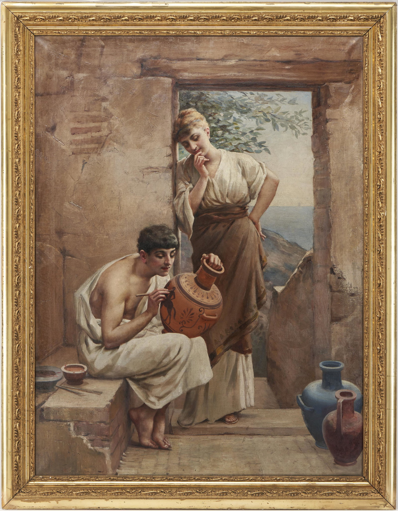 Lloyd Branson O/C Painting, Classical Scene: Lloyd Branson (American/Tennessee, 1861-1925) large oil on canvas Classical painting, after the original painting by Friedrich Paul Thumann (Germany, 1834-1908) titled "Ancient Greek Man Painting a Va