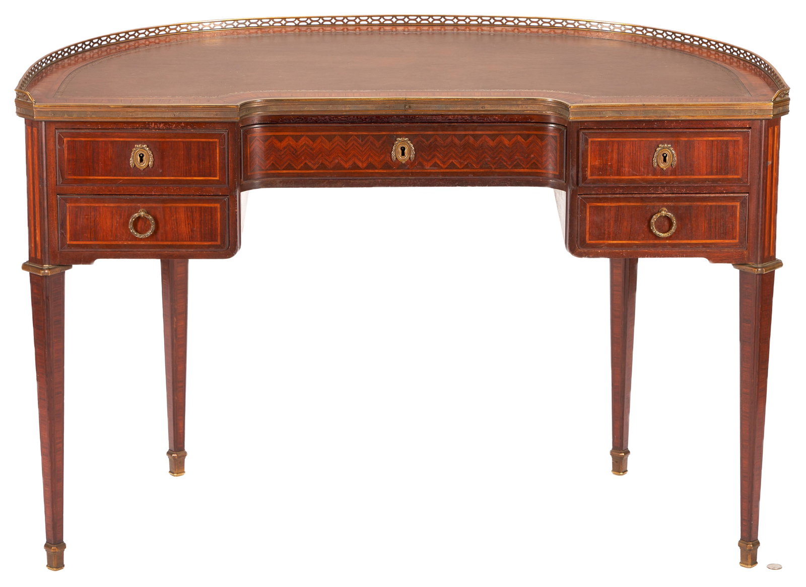 French Louis XVI Style Demilune Desk: French Louis XVI style mahogany and rosewood demilune desk with gilt metal mounts and gallery, brown leather top and parquetry inlay to drawer fronts and curved back, all on tapered square legs. 30 1/