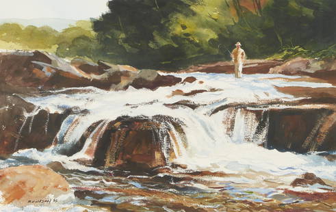 Chet Reneson W/C Painting of a Fisherman: Chet Reneson (Connecticut, born 1934) watercolor and gouache on paper painting depicting a man standing in a river with a fishing pole, a small waterfall visible in the foreground. Signed and dated "R