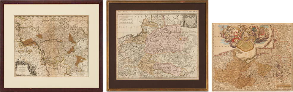 3 European Maps, incl. Schenk, Valk, & Homann: 1st item: ESTATS DE POLOGNE SUBDIVISES SUIVANT LESTENDUE DES PALANTINATS map, published by Pieter Schenk, Amsterdam, ca. 1700. Copperplate engraving with hand-coloring depicting the States of Poland,