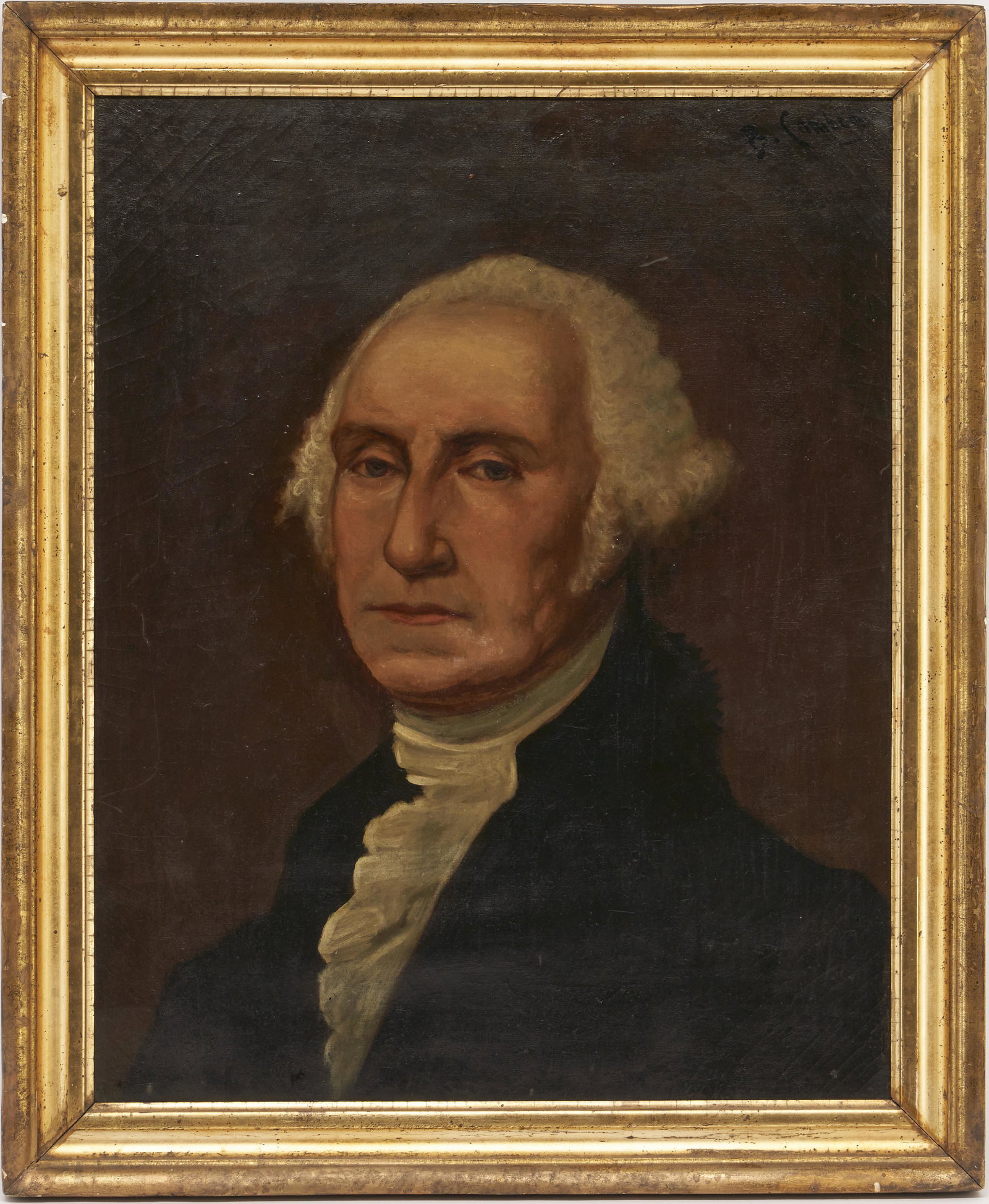 Early 20th C. Portrait of George Washington, Signed: Oil on canvas bust portrait painting of George Washington (after the original of America's first president by Gilbert Stuart). Signed "B. Cambon" upper right, possibly for Felix Urbain Cambon (France,