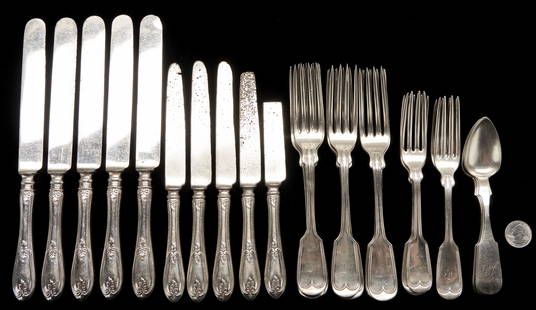 29 pcs. Coin Silver including Rare Olive Knives: Grouping of twenty-nine (29) pieces coin silver flatware, including forks and spoons plus rare Olive pattern knives. 1st - 15th items: Fifteen (15) forks in the fiddle thread pattern with incuse