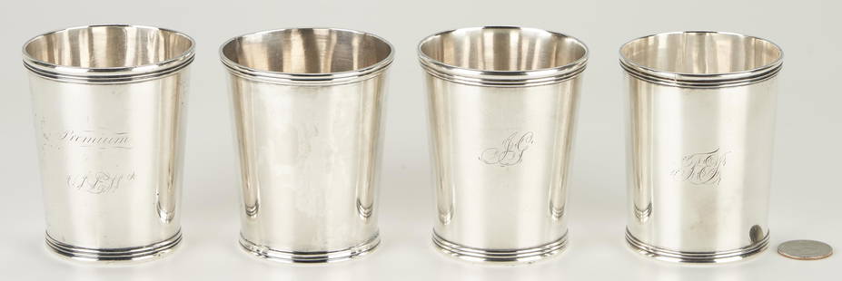 4 Cincinnati OH Coin Silver Julep Cups inc. Agricultural Premium: Four (4) Ohio coin silver julep cups, all with slightly flaring sides and reeded rims, including one (1) engraved Premium SLW to side, and marked WILLEY & BLAKSLEY in rectangle (Cincinnati,