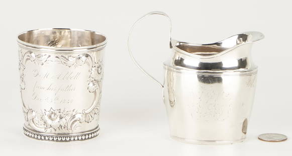 Coin Silver Creamer and Christmas Cup incl. Dumoutet: 1st item: Coin silver creamer, having a helmet form body, c-shaped handle, and reeded trim to upper shoulder, marked DUMOUTET in rectangle, likely for Elizabeth Doumoutet (working Philadelphia, c.