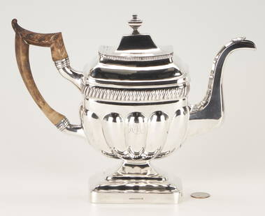 Philadelphia Coin Silver Teapot, Armstrong: Coin Silver teapot marked for Allen Armstrong, working Philadelphia, 1806-1870, hinged domed lid with gadrooned edge and urn finial, gooseneck spout and carved wooden handle. All resting on a stepped