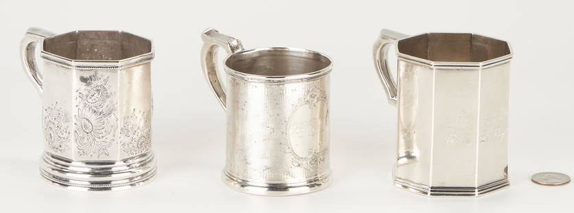 3 Coin Silver Cups or Mugs incl. Krider, Gale & Hayden: 1st item: Peter L. Krider (working Philadelphia, mid 19th century) cup with floral cartouche surrounding inscription â€œSallie Thomas Sebastian” on a tapering cylindrical body with engine