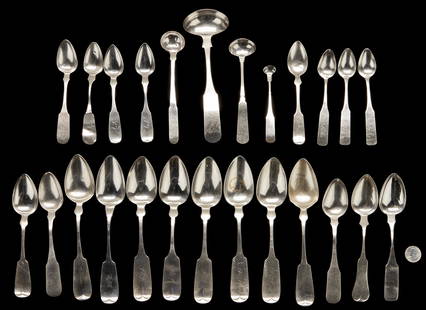 25 pcs. Assd Coin Silver inc. Southern - SC, TN, VA, MD: A group of assorted coin silver flatware, some Southern, including Tennessee, South Carolina, Virginia, and Maryland. Includes 1 dessert spoon marked ANDERSON in rectangle (possibly Edward Anderson,