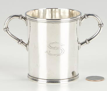 KY Double Handled Coin Silver Cup, Blanchard: Kentucky coin silver cup with double handles and incuse stamp BLANCHARD for Asa Blanchard, working Lexington, KY, 1808-1838. Possibly a communion cup or a beaker with handles added later. Tapering