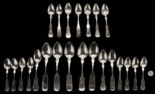 23 pcs Lexington KY Coin Silver Flatware inc. Ewing, Garner: An assortment of 23 pieces coin silver flatware attributed to Lexington, Kentucky makers and retailers. Includes 5 tablespoons marked W.B.E. LEX KY, attributed to Warren B. Ewing (4, see note below)