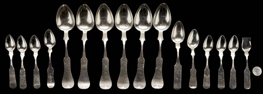 A.F. and T.J. Shepard KY Coin Silver Flatware, Georgetown: 16 pieces coin silver flatware marked for Georgetown, Kentucky makers Alpheus Xavier Francis Shepard (working prior to 1817-1831+) and Thomas Jefferson Shepard (working 1820-28 and 1831-1875).