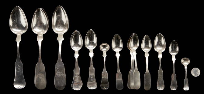 20 pcs. Maysville, Kentucky Silver Flatware: 20 pieces of coin silver and early sterling, marked for Maysville, KY makers and retailers Alpheas W. Bascom, R.F. Adair, R. Albert, J.S. Gilpin, and H. Lange. Includes 4 table or serving spoons