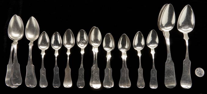 22 spoons attr. Paris, KY: Hinton, Clark, Marsh: 22 coin silver and early sterling spoons marked for Paris, Kentucky makers and retailers Benedict Beal Marsh, working Paris 1844-57+; William M. Hinton, working Paris 1844-1847, Shelbyville 1847-54,