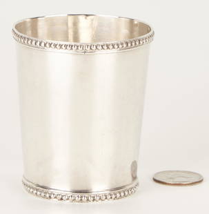 KY Coin Silver Julep Cup, H. Hudson, Louisville: Kentucky coin silver julep cup with incuse marks to the base H. HUDSON LOUISVILLE for Henry Hudson, working Louisville, circa 1841-1856. Small slightly tapered form with beaded rim and foot ring. 3"