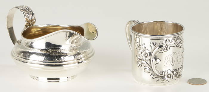 Kinsey Coin Silver Cream Pitcher and Kendrick Cup, 2 items: 1st item: Coin silver cream jug with foliate chased handle and band, gilt washed interior, marked E & D KINSEY in rectangle for Edward & David Kinsey, ca.1836-1850, Newport, Kentucky, and Cincinnati,